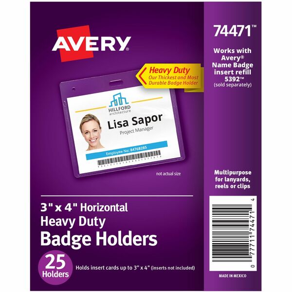 Avery(R) Heavy Duty Badge Holders, 3" x 4" , 25 Horizontal ID Badge Holders (74471) - Avery(R) Heavy Duty Badge Holders, 3" x 4" , 25 Total (74471)