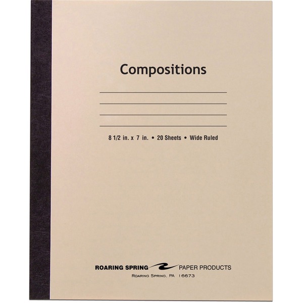 Roaring Spring Wide Ruled Flexible Cover Composition Book - 20 Sheets - 40 Pages - Printed - Sewn/Tapebound - Both Side Ruling Surface - 15 lb Basis Weight - 56 g/m² Grammage - 8 1/2" x 7" - 0.13" x 7" x 8.5" - White Paper - Black Binding - 1 Each