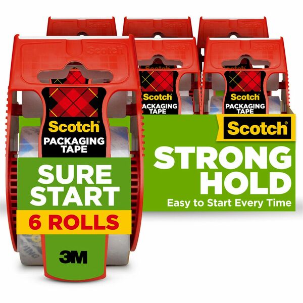 Scotch Sure Start Packaging Tape - 22.20 yd Length x 1.88" Width - 2.6 mil Thickness - 1.50" Core - Synthetic Rubber Backing - Dispenser Included - Handheld Dispenser - Tear Resistant, Sliver Resistant - For Mailing, Moving, Sealing, Shipping - 6 / Pack - Clear