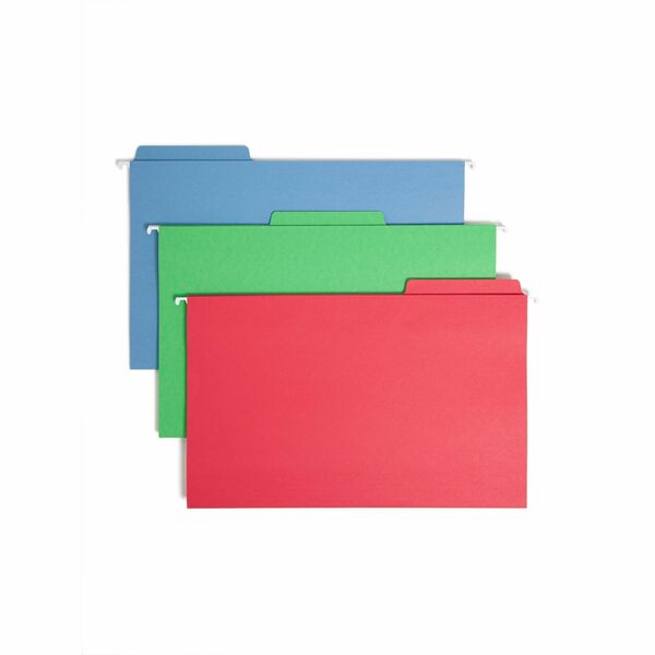 Smead FasTab 1/3 Tab Cut Legal Recycled Hanging Folder - 8 1/2" x 14" - Top Tab Location - Assorted Position Tab Position - Red, Green, Blue - 10% Recycled - 18 / Box
