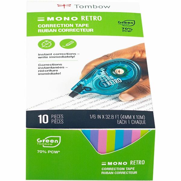 Tombow Mono Correction Tape Retro Applicator Pack - 0.17" Width x 32.83 ft Length - 1 Line(s) - White Tape - Break Resistant, Non-refillable - 10 / Pack - White