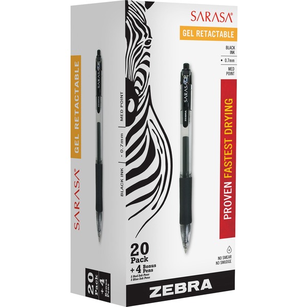 Zebra Sarasa Dry X20 Retractable Gel Pen - 0.7mm Medium Pen Point - Retractable - Black Pigment-based Ink - Translucent Barrel - 20   4 / Pack