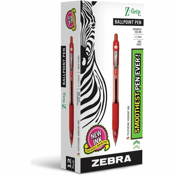Zebra Z-Grip Retractable Ballpoint Pens - Medium Pen Point - 1 mm Pen Point Size - Retractable - Red - Clear, Red Barrel - 12 / Dozen