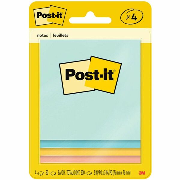 Post-it® Notes Original Notepads -Beachside Café Color Collection - 200 - 3" x 3" - Square - 50 Sheets per Pad - Unruled - Fresh Mint, Aqua Splash, Sunnyside, Papaya Fizz - Paper - Self-adhesive - 4 / Pack
