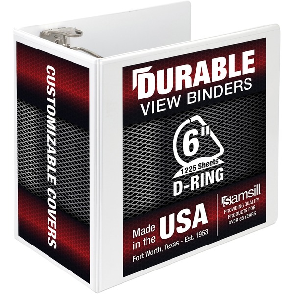 Samsill Durable View Binder - 6" Binder Capacity - Letter - 8 1/2" x 11" Sheet Size - 1225 Sheet Capacity - D-Ring Fastener(s) - 2 Internal Pocket(s) - Chipboard, Polypropylene - White - 2.73 lb - Recycled - Non-stick, Locking Ring, Heavy Duty, Clear Overlay, Archival-safe, Acid-free - 1 Each