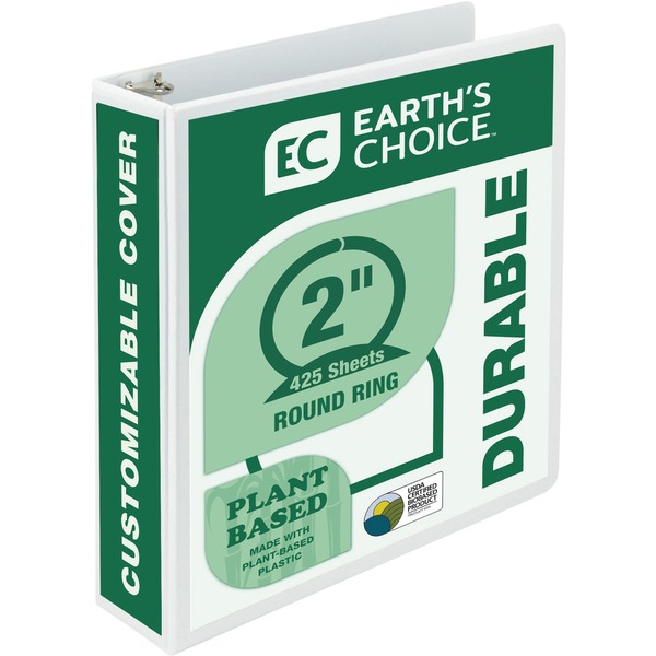 Samsill Earth's Choice Plant-based Durable View Binder - 2" Binder Capacity - Letter - 8 1/2" x 11" Sheet Size - 425 Sheet Capacity - 3 x Round Ring Fastener(s) - 2 Internal Pocket(s) - Plastic, Chipboard - White - 1 lb - Recycled - Customizable Spine/Cover, Acid-free, Clear Overlay, Archival-safe, Reusable, PVC-free - 1 Each