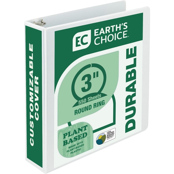Samsill Earth's Choice Plant-based Durable View Binder - 3" Binder Capacity - Letter - 8 1/2" x 11" Sheet Size - 550 Sheet Capacity - 3 x Round Ring Fastener(s) - 2 Internal Pocket(s) - Chipboard, Plastic - White - 1.33 lb - Recycled - PVC-free, Acid-free, Clear Overlay, Archival-safe, Reusable, Customizable Spine/Cover - 1 Each