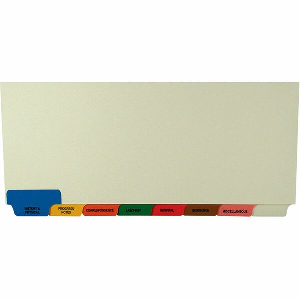 Tabbies 8-Bottom Tab Medical Chart Index Set - 8 Printed, Blank Tab(s) - Message - History & Physical, Progress Notes, Correspondence, Lab/X-Ray, Hospital, Insurance, Miscellaneous - 8.5" Divider Width x 11.37" Divider Length - Manila Divider - Red, Brown, Blue, Orange, Yellow, Green Tab(s) - Mylar Reinforcement - 40 / Box