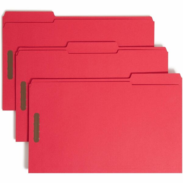 Smead Colored 1/3 Tab Cut Legal Recycled Fastener Folder - 8 1/2" x 14" - 3/4" Expansion - 2 x 2K Fastener(s) - 2" Fastener Capacity for Folder - Top Tab Location - Assorted Position Tab Position - Red - 10% Recycled - 50 / Box