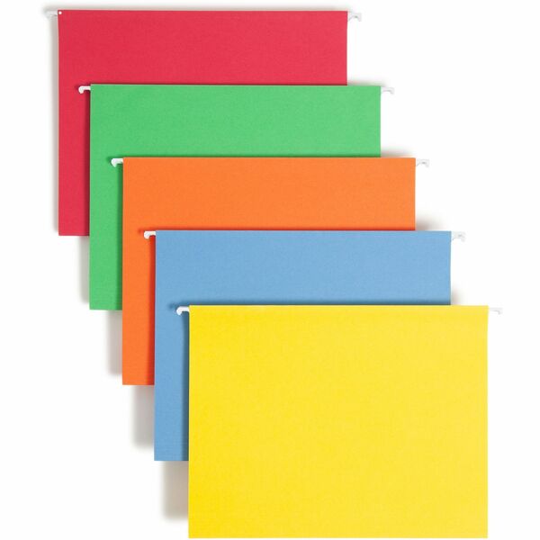 Smead Colored 1/5 Tab Cut Letter Recycled Hanging Folder - 8 1/2" x 11" - Top Tab Location - Assorted Position Tab Position - Vinyl - Blue, Green, Orange, Red, Yellow - 10% Recycled - 25 / Box