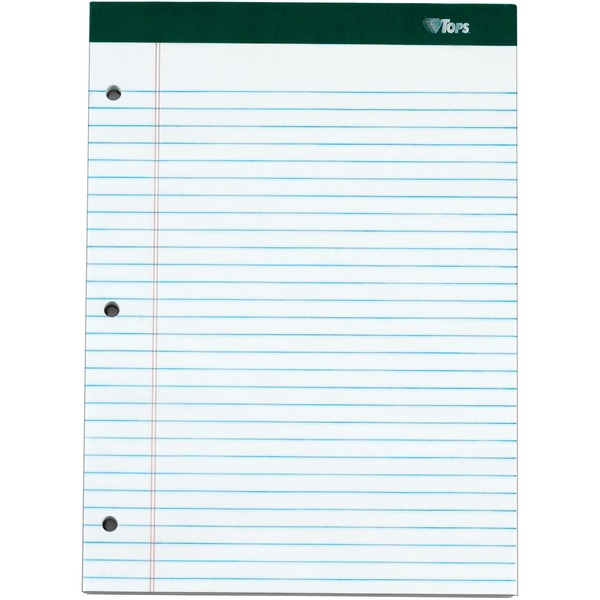 TOPS Docket 3-hole Punched Legal Ruled Legal Pads - 100 Sheets - Double Stitched - 0.34" Ruled - 16 lb Basis Weight - 8 1/2" x 11 3/4" - White Paper - Marble Green Binding - Perforated, Hard Cover, Resist Bleed-through - 6 / Pack