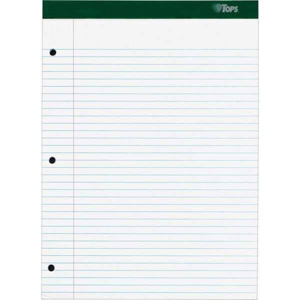 TOPS Double Docket Rigid Back Legal Pads - 100 Sheets - Stapled/Glued - Ruled Margin - 16 lb Basis Weight - 8 1/2" x 11 3/4" - White Paper - Green Binding - Hard Cover, Perforated, Stiff-back, Back Board - 1 / Pad