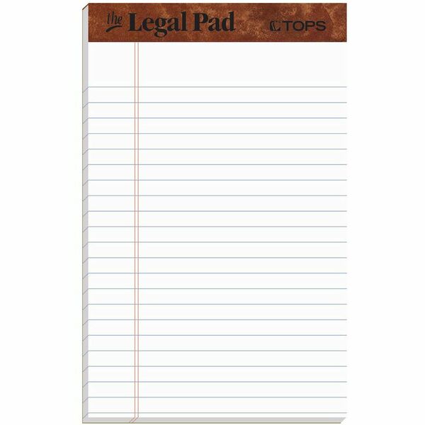TOPS The Legal Pad Writing Pad - 50 Sheets - Double Stitched - 0.28" Ruled - 16 lb Basis Weight - Jr.Legal - 5" x 8" - White Paper - Chipboard Cover - Perforated, Hard Cover, Removable - 1 Dozen