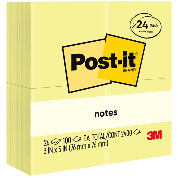 Post-it® Notes Value Pack - 100 - 3" x 3" - Square - Unruled - Canary - Self-adhesive - 5 / Pack