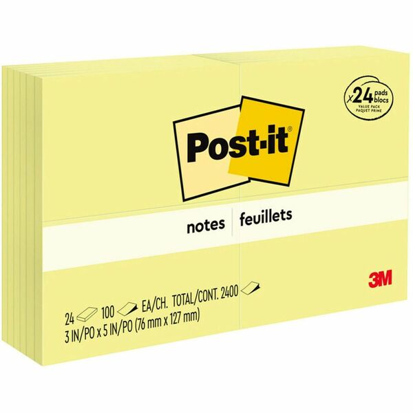 Post-it® Notes Value Pack - 100 - 3" x 5" - Rectangle - Unruled - Canary - Self-adhesive - 24 / Pack