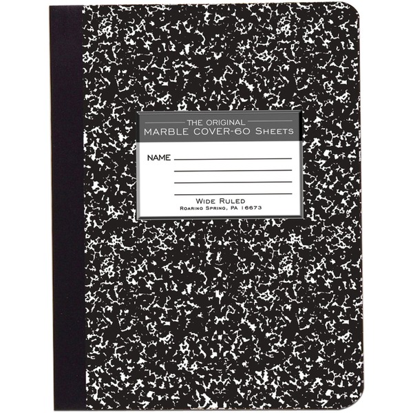 Roaring Spring Wide Ruled Hard Cover Composition Book - 60 Sheets - 120 Pages - Printed - Sewn/Tapebound - Both Side Ruling Surface - Red Margin - 15 lb Basis Weight - 56 g/m² Grammage - 9 3/4" x 7 1/2" - 0.27" x 7.5" x 9.8" - White Paper - Black Binding - 1 Each