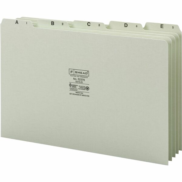 Smead 1/5 Tab Cut Legal Recycled Top Tab File Folder - 8 1/2" x 14" - Top Tab Location - Assorted Position Tab Position - Pressboard - Green - 100% Recycled - 25 / Set