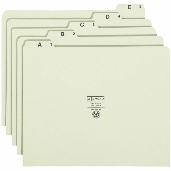Smead 1/5 Tab Cut Letter Recycled Top Tab File Folder - 8 1/2" x 11" - Assorted Position Tab Position - Pressboard - Green - 100% Recycled - 25 / Set