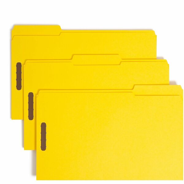Smead Colored 1/3 Tab Cut Legal Recycled Fastener Folder - 8 1/2" x 14" - 2 x 2K Fastener(s) - 2" Fastener Capacity for Folder - Top Tab Location - Assorted Position Tab Position - Yellow - 10% Recycled - 50 / Box