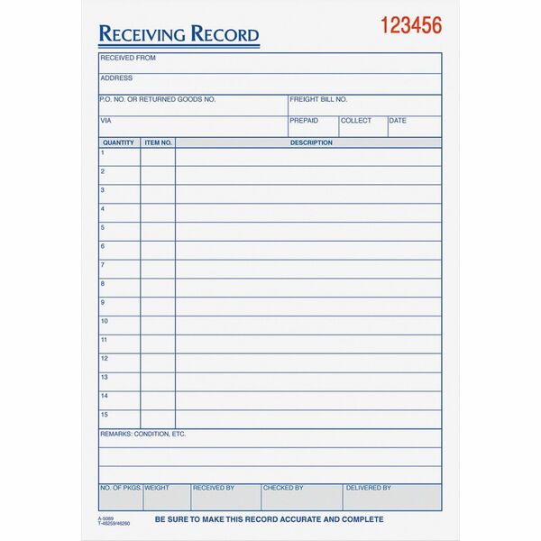 TOPS Carbonless Receiving Record Forms - 3 PartCarbonless Copy - 5.56" x 8.44" Sheet Size - 2 x Holes - Assorted Sheet(s) - Blue, Red Print Color - 1 Each