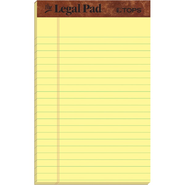 TOPS The Legal Pad Writing Pad - 50 Sheets - Double Stitched - 0.28" Ruled - 16 lb Basis Weight - Jr.Legal - 5" x 8" - Canary Paper - Chipboard Cover - Perforated, Hard Cover, Removable - 1 Dozen