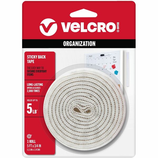VELCRO® 90087 General Purpose Sticky Back - 5 ft Length x 0.75" Width - Dispenser Included - For Mounting, Multi Surface - 1 / RollRoll - White