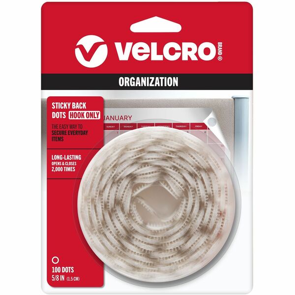 VELCRO® 90204 General Purpose Sticky Back - 0.63" Dia - For Mounting, Multi Surface, Glass, Tile, Plastic, Metal - 100 / Carton - White