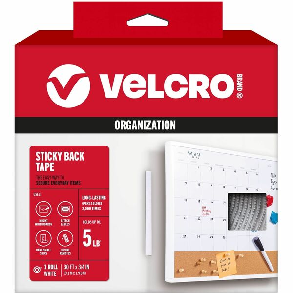 VELCRO® 91138 General Purpose Sticky Back - 10 yd Length x 0.75" Width - Dispenser Included - For Mount Picture/Poster, Multi Surface - 1 / RollRoll - White