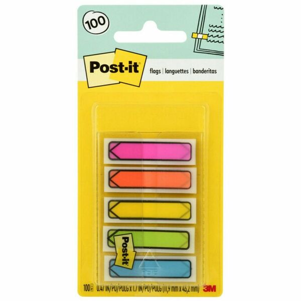 Post-it® Arrow Flags in On-the-Go Dispenser - Bright Colors - 20 x Blue, 20 x Green, 20 x Pink, 20 x Purple, 20 x Yellow - 1/2" x 1 3/4" - Arrow, Rectangle - Unruled - Orange, Pink, Green, Blue, Yellow, Aqua - Removable, Self-adhesive - 80 / Pack