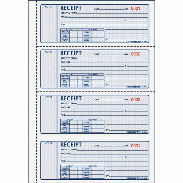 Rediform 3-part Carbonless Money Receipt Book - 100 Sheet(s) - Book Bound - 3 PartCarbonless Copy - 7" x 2.75" Sheet Size - Assorted Sheet(s) - Red, Blue Print Color - 1 Each