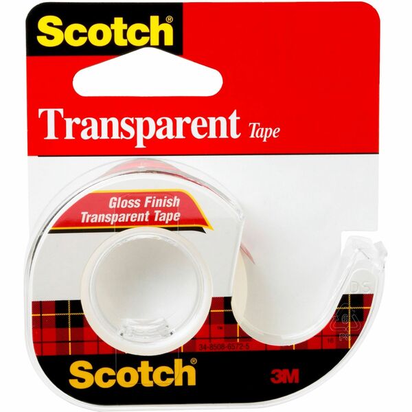 Scotch Gloss Finish Transparent Tape - 12.50 yd Length x 0.50" Width - 1" Core - Acrylate - Dispenser Included - Handheld Dispenser - Long Lasting, Stain Resistant, Moisture Resistant - For Packing, Multipurpose, Mending, Label Protection, Wrapping - 1 / Roll - Clear