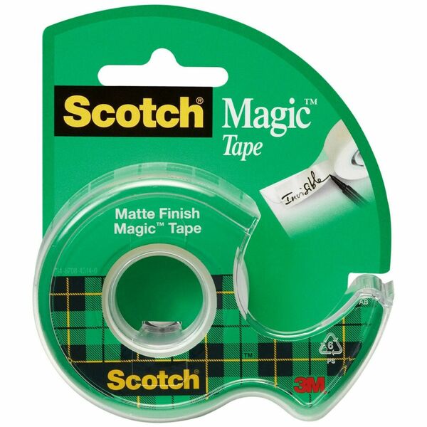 Scotch Magic Matte Finish Tape - 25 ft Length x 0.75" Width - 1" Core - Adhesive Backing - Dispenser Included - Handheld Dispenser - Split Resistant, Tear Resistant - For Mending, Splicing - 1 / Roll - Clear