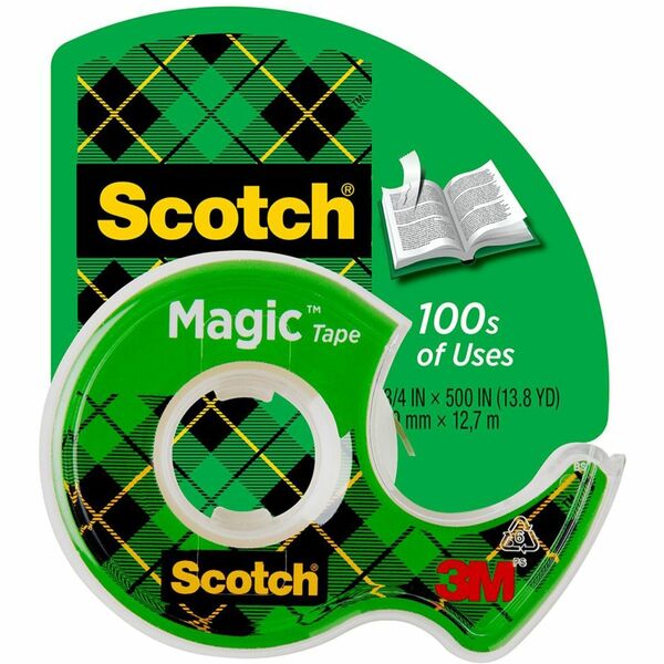 Scotch Magic Tape - 12.50 yd Length x 0.50" Width - 1" Core - Permanent Adhesive Backing - Dispenser Included - Handheld Dispenser - Split Resistant, Tear Resistant - For Mending, Splicing - 1 / Roll - Clear
