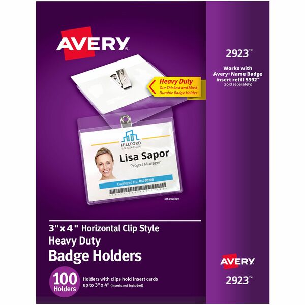 Avery(R) Heavy Duty Badge Holders, 3" x 4" , 100 Horizontal ID Badge Holders with Clips (2923) - Avery(R) Heavy Duty Badge Holders with Clips, 3" x 4" (2923)