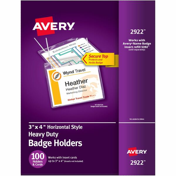 Avery(R) Heavy Duty Badge Holders, 3" x 4" , 100 Horizontal ID Badge Holders with Cords (2922) - Avery(R) Heavy Duty Badge Holders with Cords, 3" x 4" (2922)