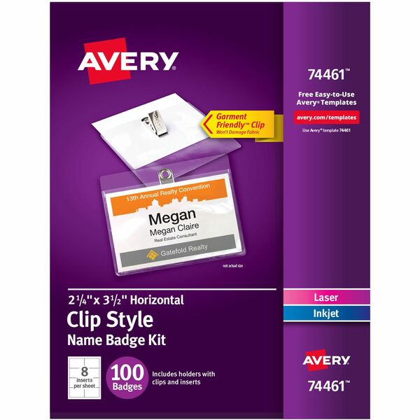 Avery® Garment Friendly Clip Style Name Badge Kitfor Laser and Inkjet Printers - 3 1/2" x 2 1/4" - 100 / Box - Durable, Reusable, Printable - White