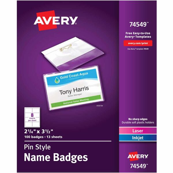 Avery® Pin-Style Name Badges - 3 1/2" x 2 1/4" - 100 / Box - White, Clear