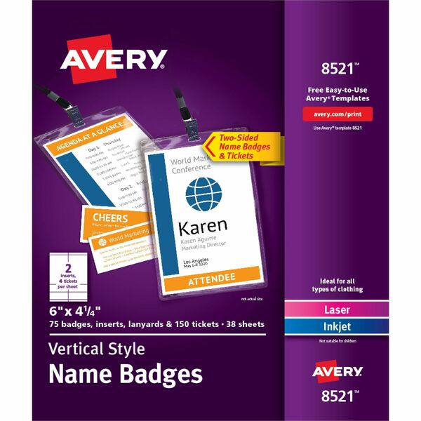 Avery® Vertical Name Badges with Tickets Kit for Laser and Inkjet Printers, 4-1/4" x 6" - PVC Plastic - White - 1 / Box