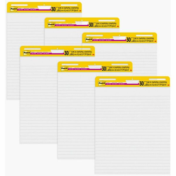 Post-it® Easel Pad - 30 Sheets - Ruled25" x 30" - Self-stick, Resist Bleed-through, Handle, Sturdy Backcard, Universal Slot, Repositionable, Adhesive Backing - 6 / Carton