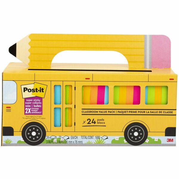 Post-it® Super Sticky Notes Bus Cabinet Pack - 3" x 3" - Square - 70 Sheets per Pad - Iris, Electric Blue, Evergreen, Yellow, Candy Red - Sticky, Recyclable, Adhesive, Reusable - 24 / Pack