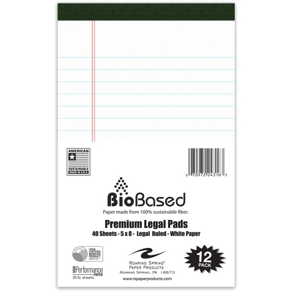 Roaring Spring USDA Certified Bio-Preferred Junior Size Legal Pads - 40 Sheets - 80 Pages - Printed - Stapled/Tapebound - Both Side Ruling Surface - Double Line Red Margin - 20 lb Basis Weight - 75 g/m² Grammage - 8" x 5" - 3" x 5" x 8" - White Paper - Green Binding - Chipboard Cover - Recycled - 12 / Pack