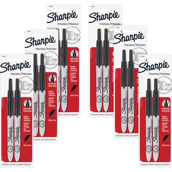 Sharpie Retractable Ultra-Fine Point Permanent Markers - Ultra Fine Marker Point - Retractable - Black - 6 / Box