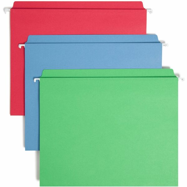 Smead FasTab Straight Tab Cut Letter Recycled Hanging Folder - 8 1/2" x 11" - Assorted Position Tab Position - Blue, Green, Red - 10% Recycled - 18 / Box