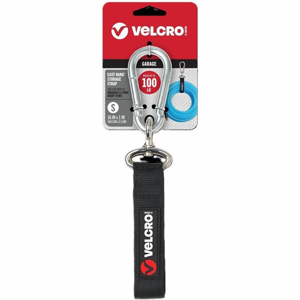 VELCRO® Heavy-Duty Storage Strap - 1 Each - Adjustable - 100 lb Load Capacity - Small (S) - Carabiner Attachment - 10.3" Height x 3.5" Width x 1" Length - Black
