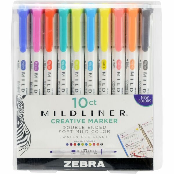 Zebra Pen Mildliner Double-ended Assorted Highlighter Set 10PK - Fine, Bold Marker Point - Bullet, Chisel Marker Point Style - Mild Lavender, Mild Spring Green, Mild Citrus Green, Mild Marigold, Mild Fuchsia, Mild Dark Gray, Mild Cyan, Mild Coral Pink, Mild Apricot, Mild Lemon Yellow Water Based Ink - White Plastic Barrel - 10 / Pack