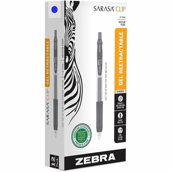 Zebra SARASA Clip Retractable Gel Pen - 0.7 mm Pen Point Size - Retractable - Blue Water Based, Pigment-based, Gel-based Ink - 1 Dozen