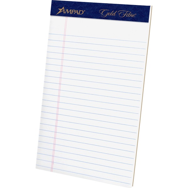 Ampad Gold Fibre Medium Ruled Perforated Remanufactured Jr. Legal Pads - 50 Sheets - Watermark - Stapled/Glued - 5" x 8" - White Paper - Micro Perforated, Bleed-free, Chipboard Backing - 4 / Pack
