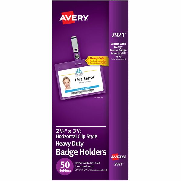 Avery(R) Heavy Duty Badge Holders, 2.25" x 3.5" , 50 Horizontal Name Badge Holders with Clips (2921) - Avery(R) Heavy Duty Badge Holders with Clips, 2.25" x 3.5" (2921)