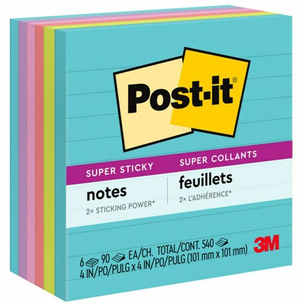Post-it® Super Sticky Lined Notes - Supernova Neons Color Collection - 540 x Multicolor - 4" x 4" - Rectangle - 90 Sheets per Pad - Ruled - Aqua Splash, Acid Lime, Guava, Tropical Pink, Iris Infusion - Paper - Self-adhesive, Removable, Recyclable - 6 / Pack