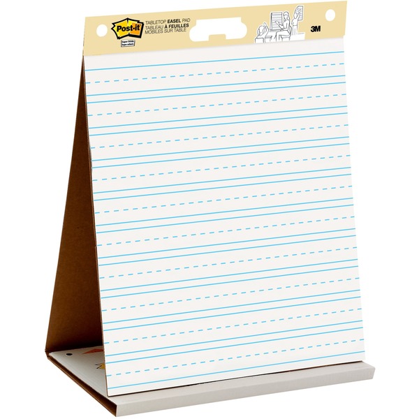 Post-it® Tabletop Easel Pad with Primary Lines - 20 Sheets - Stapled - Primary Blue Margin - 18.50 lb Basis Weight - 20" x 23" - White Paper - Self-stick, Built-in Stand, Foldable, Bleed Resistant, Repositionable, Refillable, Dry Erase Surface, Self-adhesive, Resist Bleed-through, Cardboard Back - 1 / Pad